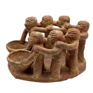 Mexican Vintage Circle of Friends Terracotta Candle Holder 10" Folk Art Myth